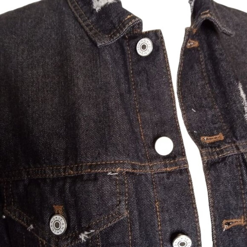 NWT Elan Distressed Denim w/ Pearl & Silver Beaded Black Jean Jacket M/L - Picture 4 of 9